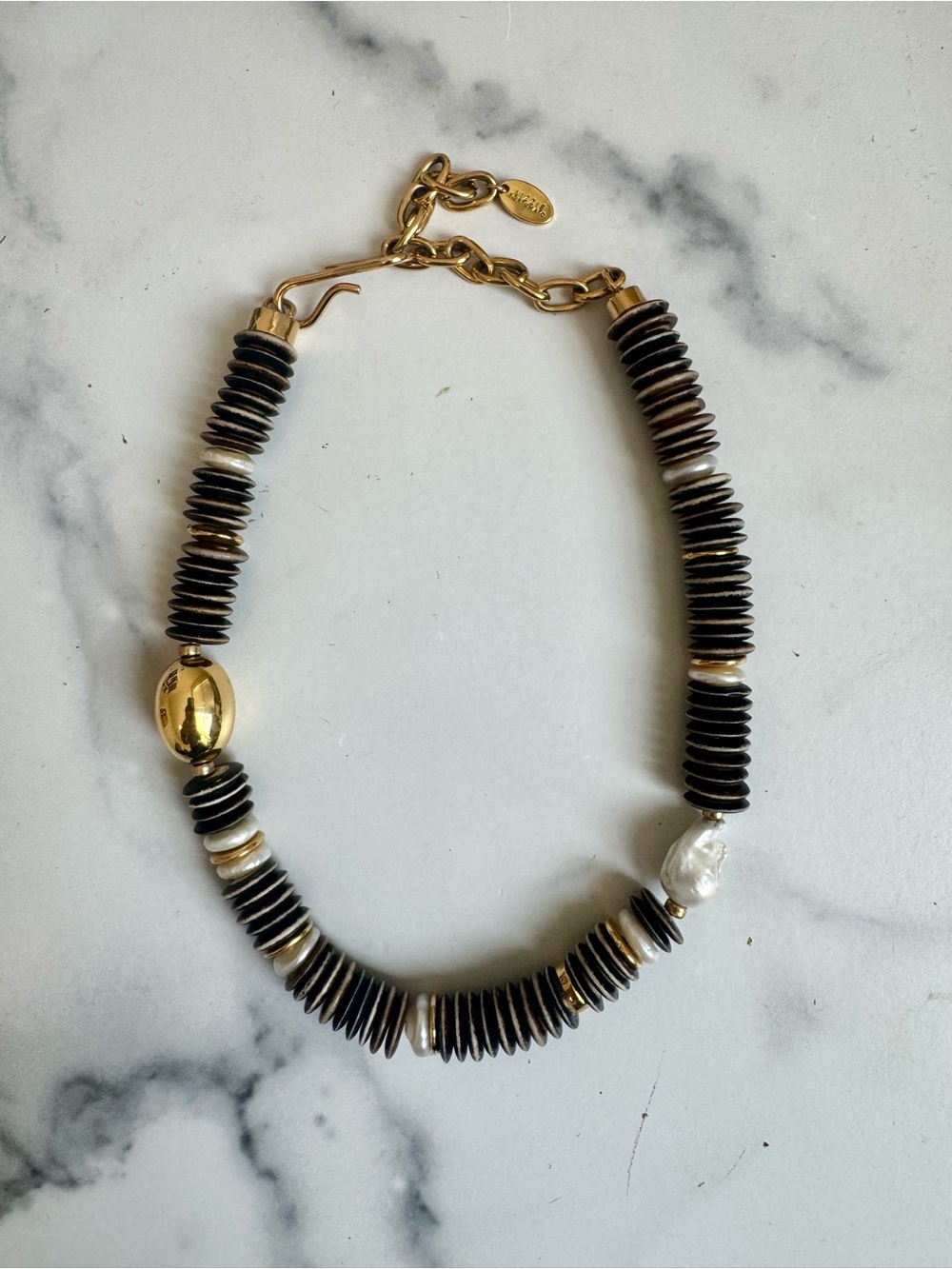 Lizzie Fortunato Bilbao Collar Necklace Disc Necklace with Pearl & Gold Accents